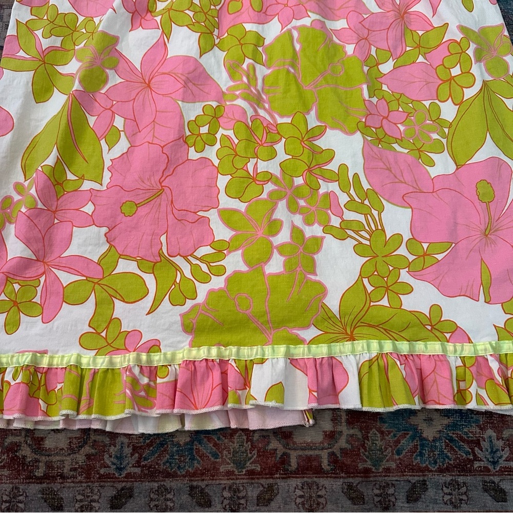 Y2k Pink and green floral print strapless dress with ruffles size 13/14 - Picture 4 of 8